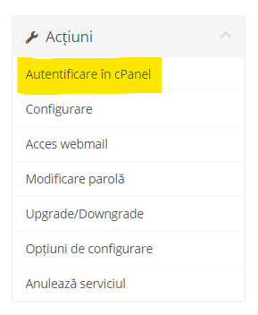 panou de control hosting